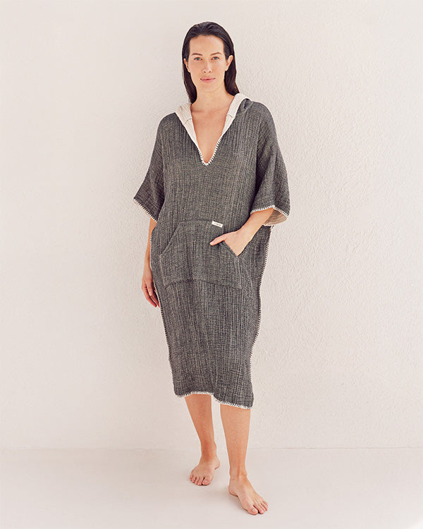 Falta Gauze Hooded Poncho - Black